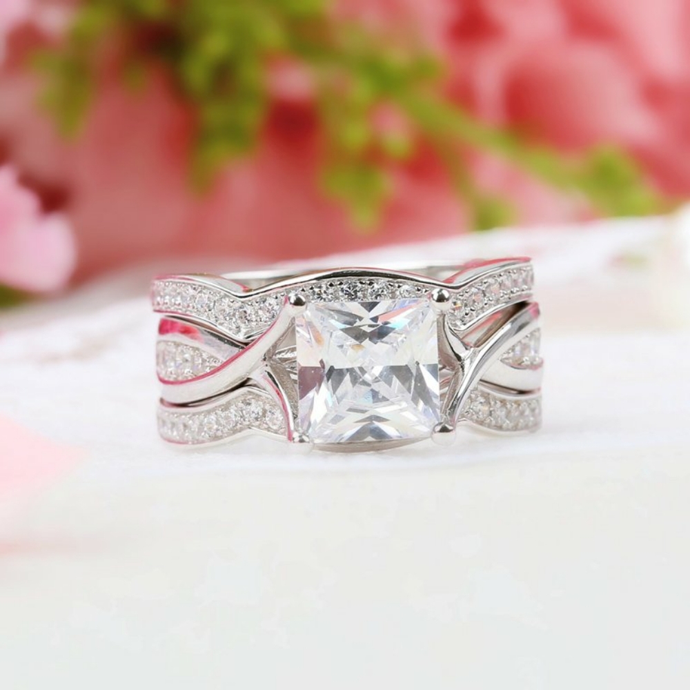 Julia Twist Princess Cut Sterling Silver Ring set.